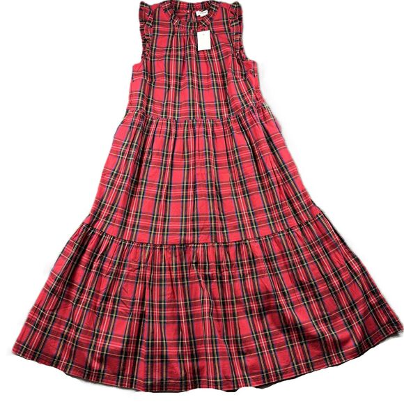 J. Crew NWT Tartan Plaid Midi Dress Ruffled Tiered Pockets Preppy Red Sz 0 I102 - Picture 1 of 14